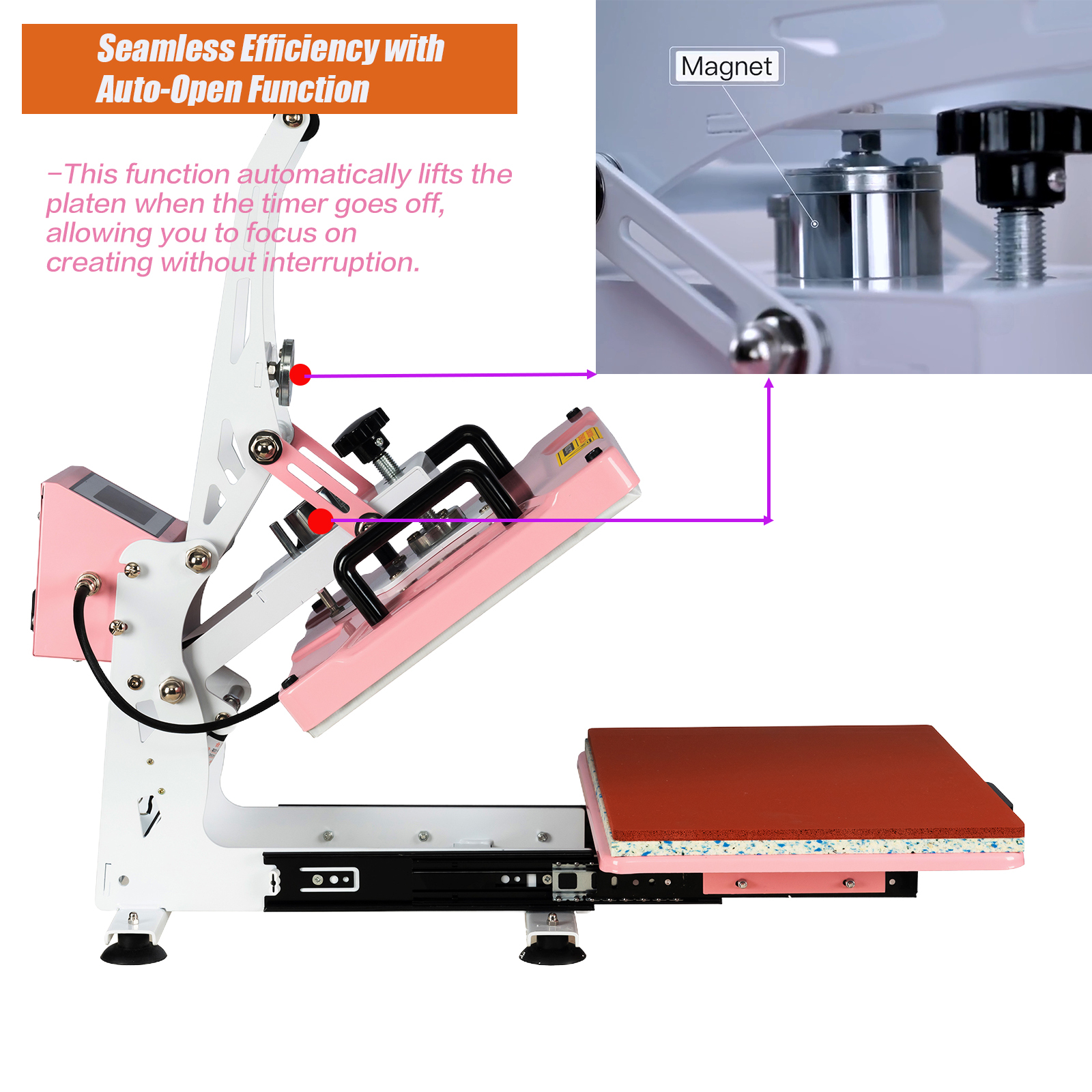 12x15 inch Pink Auto Open Heat Press Machine with Slide Out Base 1200 W Clamshell DTF Heat Press for T-Shirts, Sublimation, and More