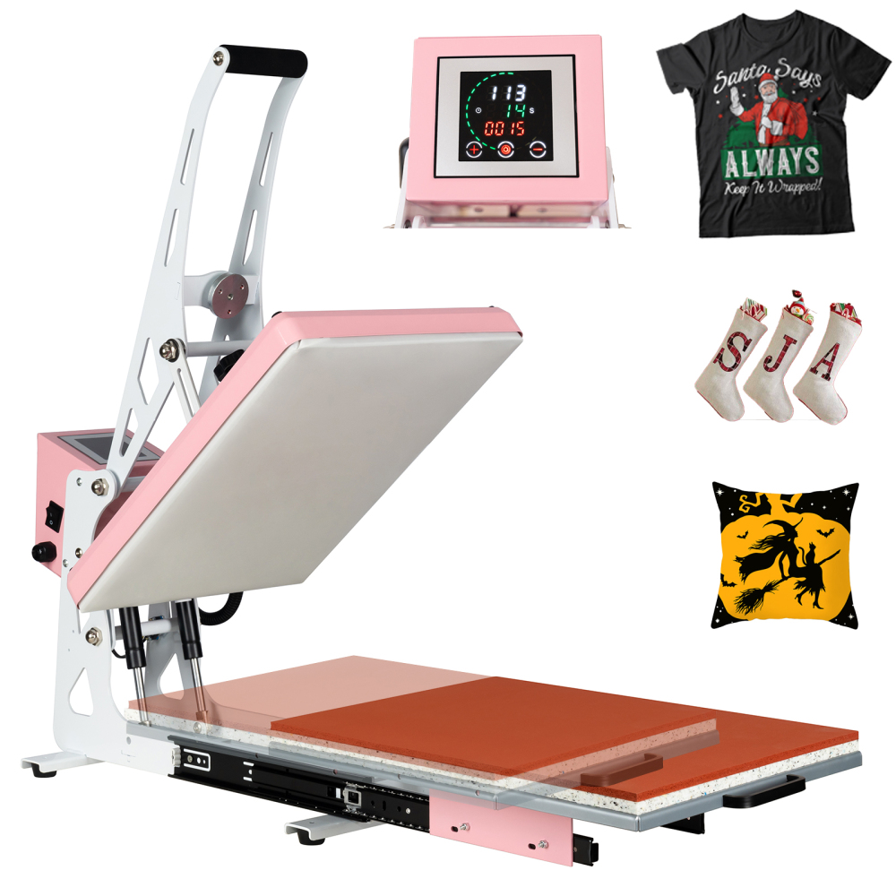 13x18 inch Auto Open Heat Press Machine with Slide Out Base 1200 W Clamshell DTF Heat Press for T-Shirts, Sublimation, and More (Pink + White)
