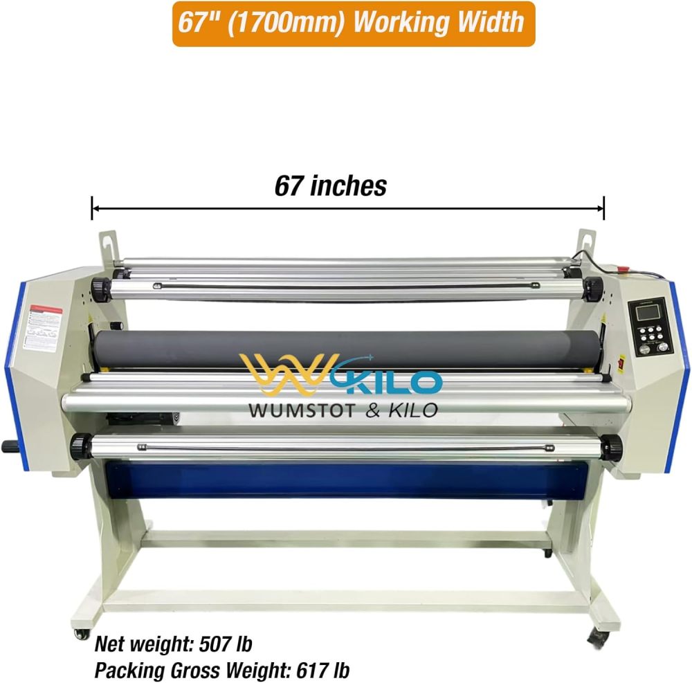 67 Inch Large Format Laminator: Wide Format Cold Laminating Machine with Heat Assist - Auto Commercial Laminator, Roll Laminating Equipment with 4 Trimmers (65 ft/min White+Blue)