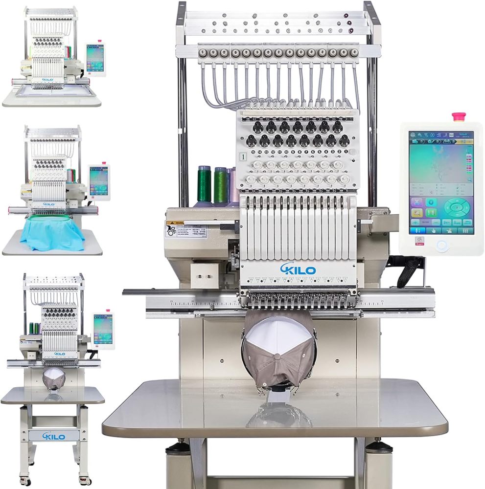 CH1501 Embroidery Machine 15 Needle: Commercial Digital Hat Embroidery Machine Kit with Stand - 13"x20" Embroidery Area 1200 SPM Max Speed, 10" Touch Screen, Wifi, USB for 3D Cap, Shirt and More
