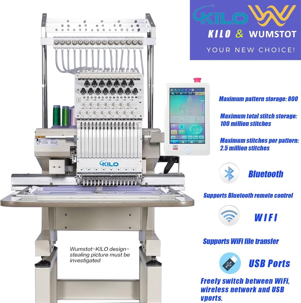 CH1501 Embroidery Machine 15 Needle: Commercial Digital Hat Embroidery Machine Kit with Stand - 13"x20" Embroidery Area 1200 SPM Max Speed, 10" Touch Screen, Wifi, USB for 3D Cap, Shirt and More
