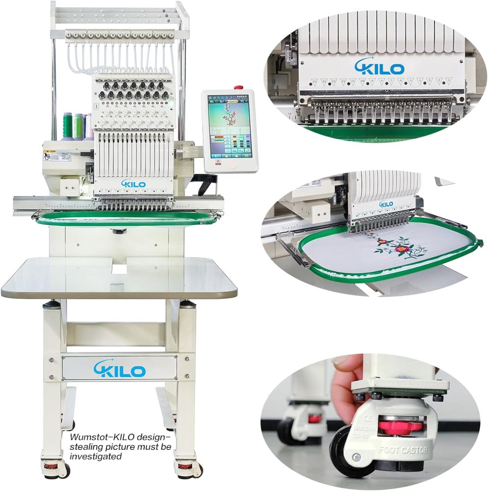 CH1501 Embroidery Machine 15 Needle: Commercial Digital Hat Embroidery Machine Kit with Stand - 13"x20" Embroidery Area 1200 SPM Max Speed, 10" Touch Screen, Wifi, USB for 3D Cap, Shirt and More