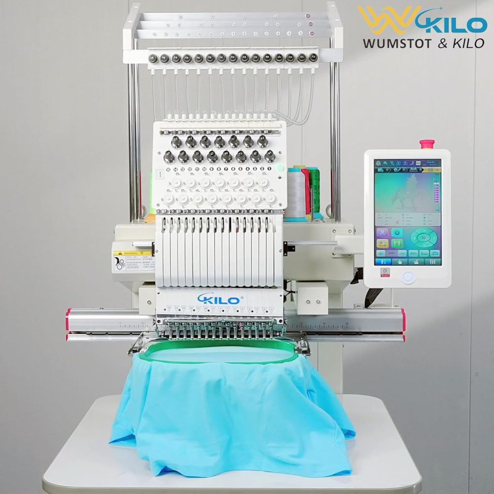 CH1501 Embroidery Machine 15 Needle: Commercial Digital Hat Embroidery Machine Kit with Stand - 13"x20" Embroidery Area 1200 SPM Max Speed, 10" Touch Screen, Wifi, USB for 3D Cap, Shirt and More