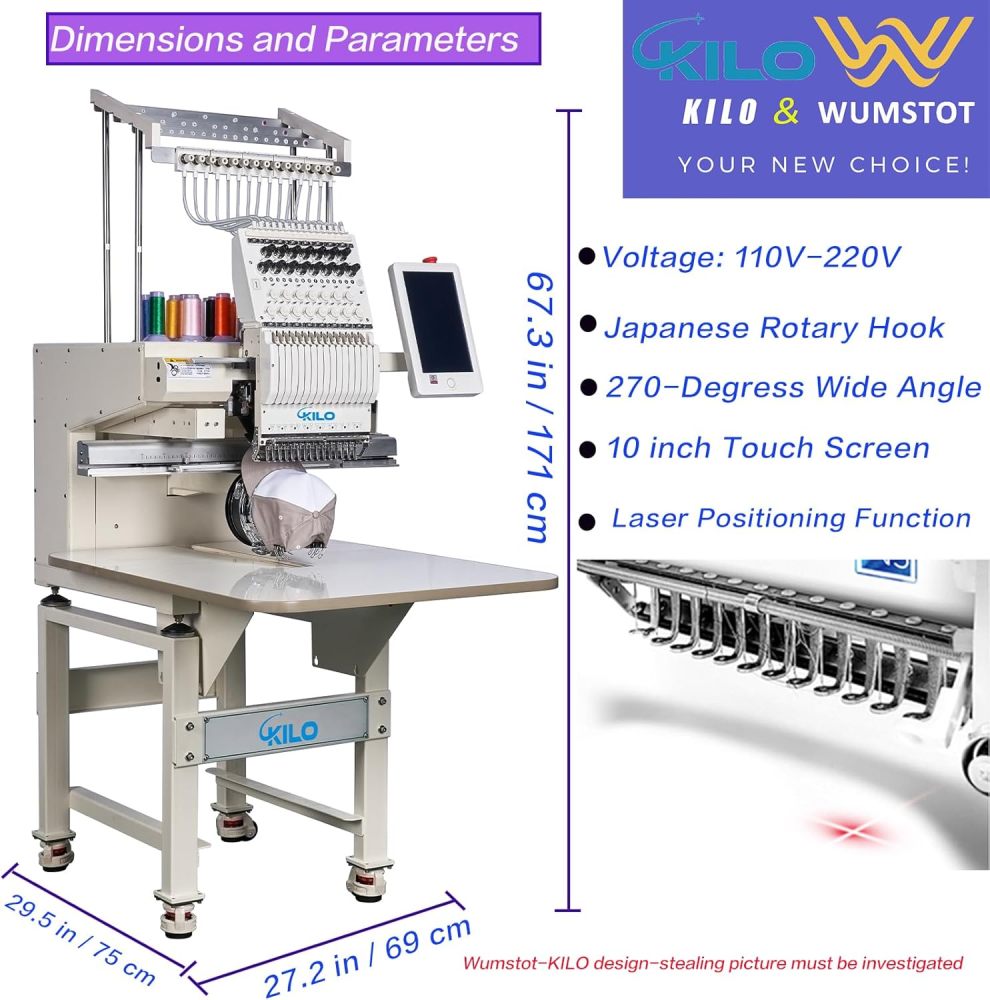 CH1501 Embroidery Machine 15 Needle: Commercial Digital Hat Embroidery Machine Kit with Stand - 13"x20" Embroidery Area 1200 SPM Max Speed, 10" Touch Screen, Wifi, USB for 3D Cap, Shirt and More