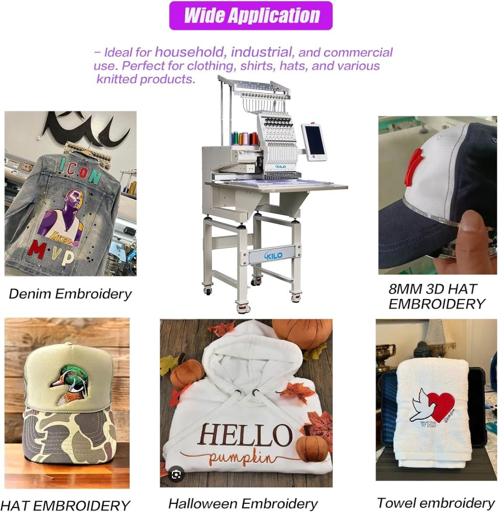 CH1501 Embroidery Machine 15 Needle: Commercial Digital Hat Embroidery Machine Kit with Stand - 13"x20" Embroidery Area 1200 SPM Max Speed, 10" Touch Screen, Wifi, USB for 3D Cap, Shirt and More