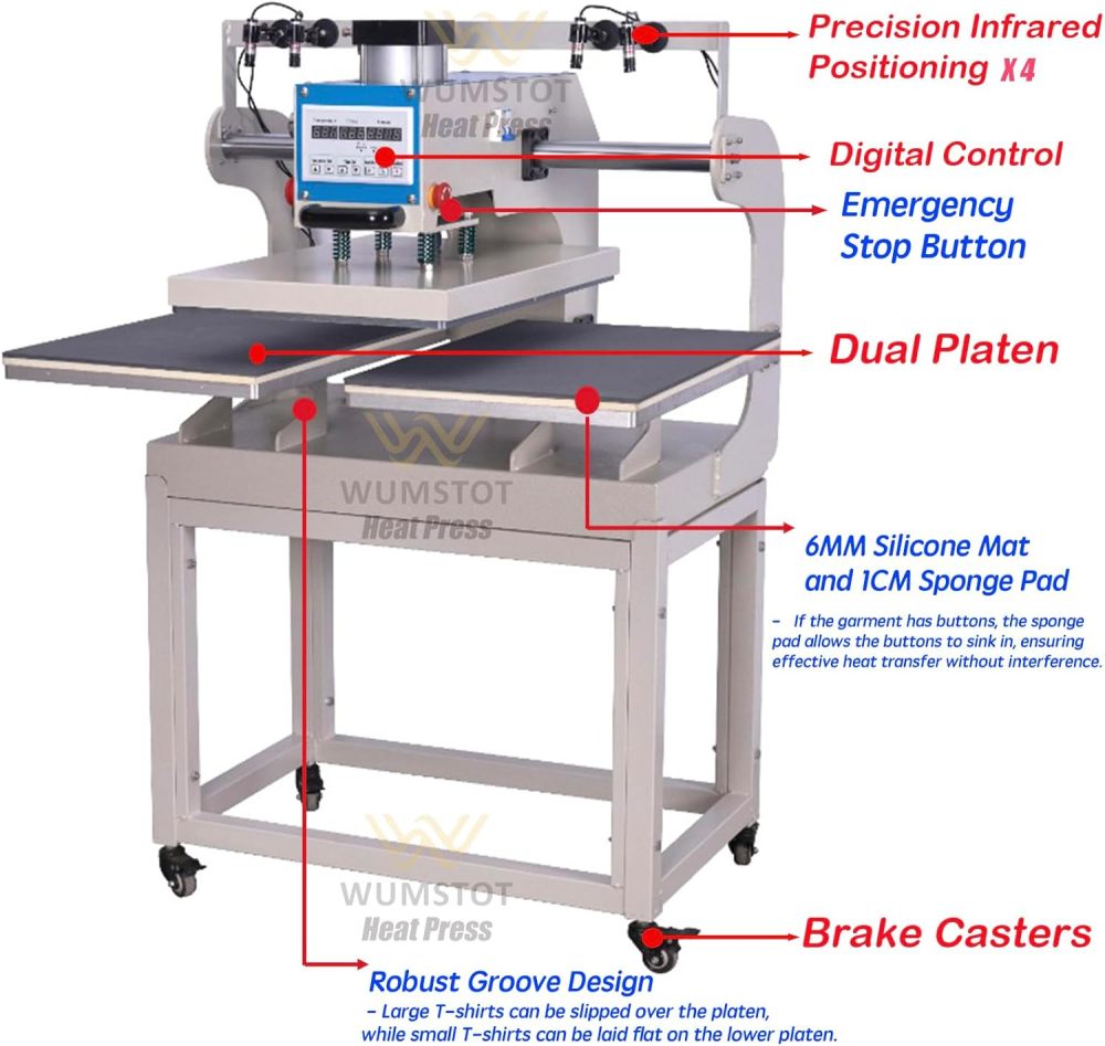 20x28 Dual Heat Press Machine: Pneumatic Heat Press Machine with Adjustable Infrared Positioning & Up-Sliding Function - DTF/Sublimation Transfer for Professional Printing on Larger T-Shirt