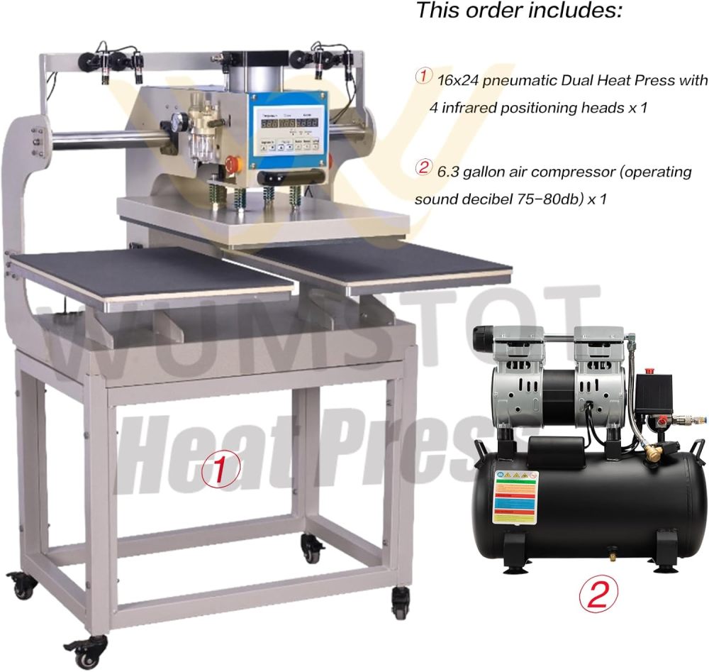 Professional 16x24 Pneumatic Dual Heat Press Machine with 6.3 Gal Air Compressor Kit (115 PSI, 75-80 dB) - Complete Bundle with Hoses & Fittings