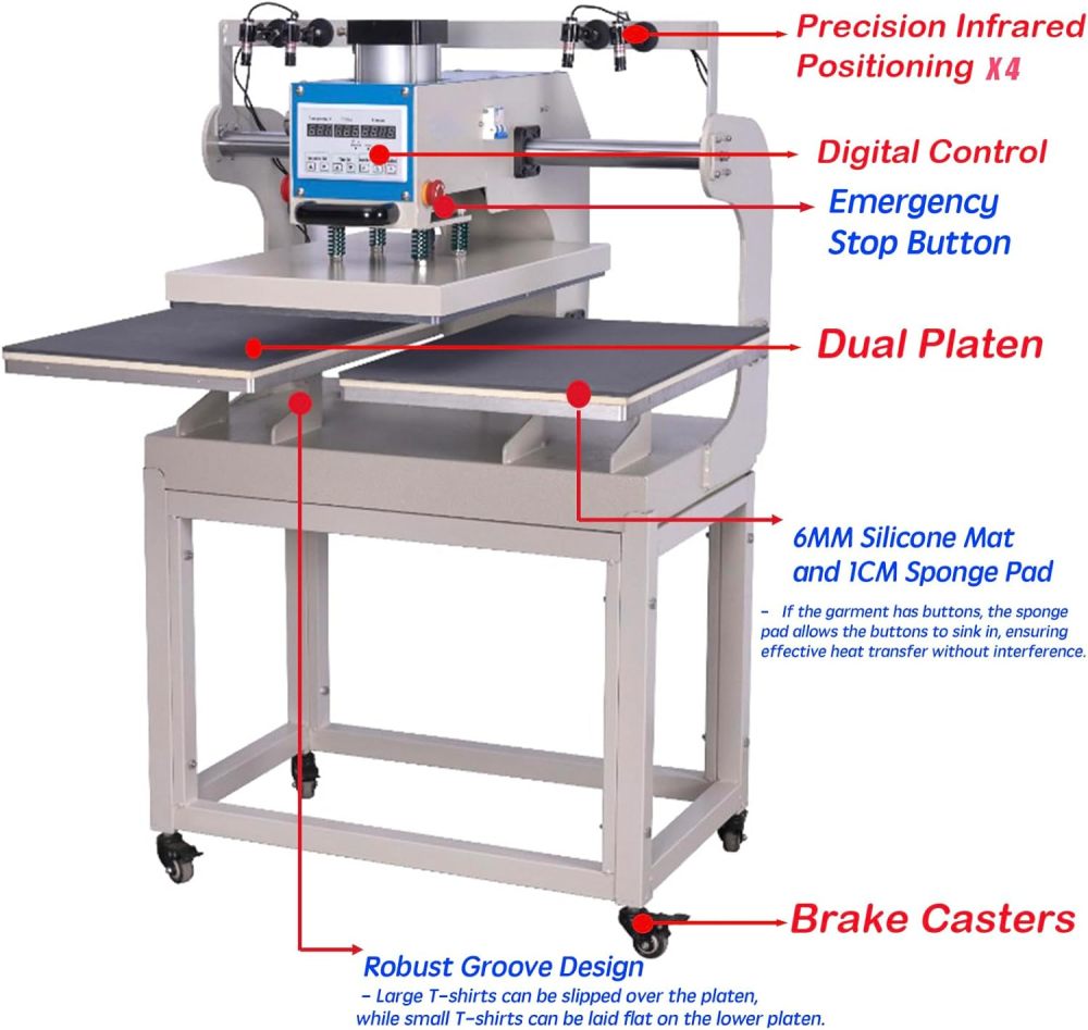 Professional 16x24 Pneumatic Dual Heat Press Machine with 6.3 Gal Air Compressor Kit (115 PSI, 75-80 dB) - Complete Bundle with Hoses & Fittings