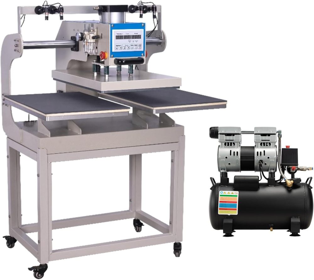 Professional 16x24 Pneumatic Dual Heat Press Machine with 6.3 Gal Air Compressor Kit (115 PSI, 75-80 dB) - Complete Bundle with Hoses & Fittings
