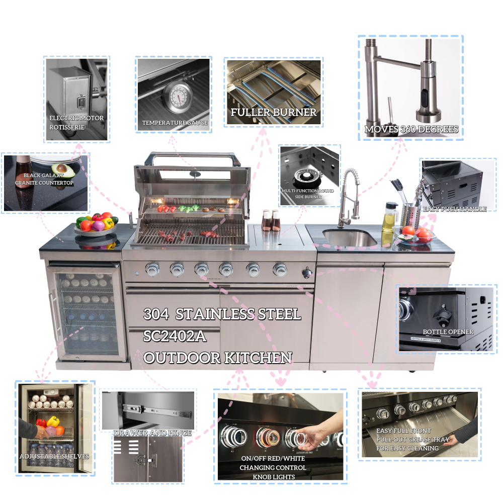 Outdoor Grill Islands 104" 4-Burner: 72000 BTU Outdoor bbq Island with Refrigerator Rotisserie kit Stainless steel Sink and Storage | Easy Setup