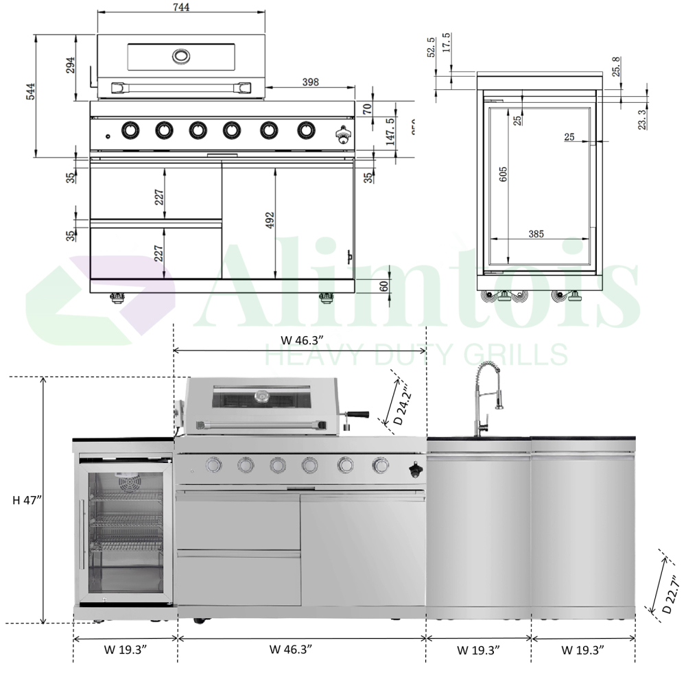 Outdoor Grill Islands 104" 4-Burner: 72000 BTU Outdoor bbq Island with Refrigerator Rotisserie kit Stainless steel Sink and Storage | Easy Setup