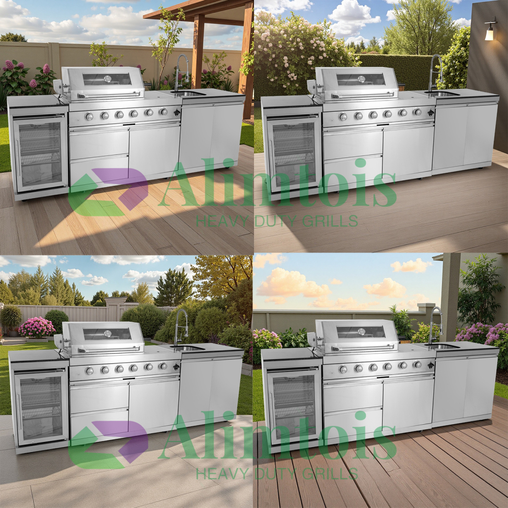 Outdoor Grill Islands 104" 4-Burner: 72000 BTU Outdoor bbq Island with Refrigerator Rotisserie kit Stainless steel Sink and Storage | Easy Setup