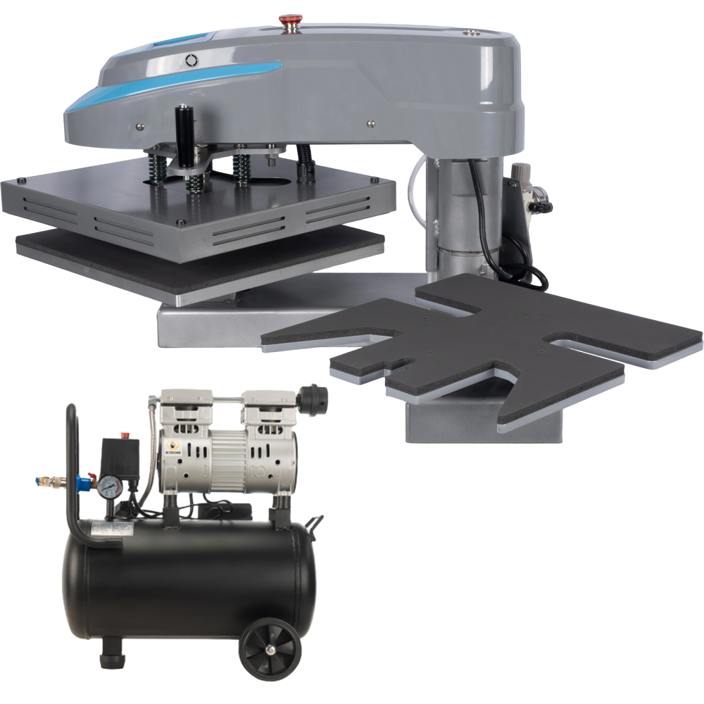 110V 16x16 Pneumatic Dual‑Station Heat Press Machine with 6‑Gallon Oil‑Free Air Compressor – Double Platen Swing‑Away Sublimation Press with Digital Auto Pressure Control & 3 Interchangeable Plates for T‑Shirts, Shoes, Sleeves, Vinyl, and DTF Printing