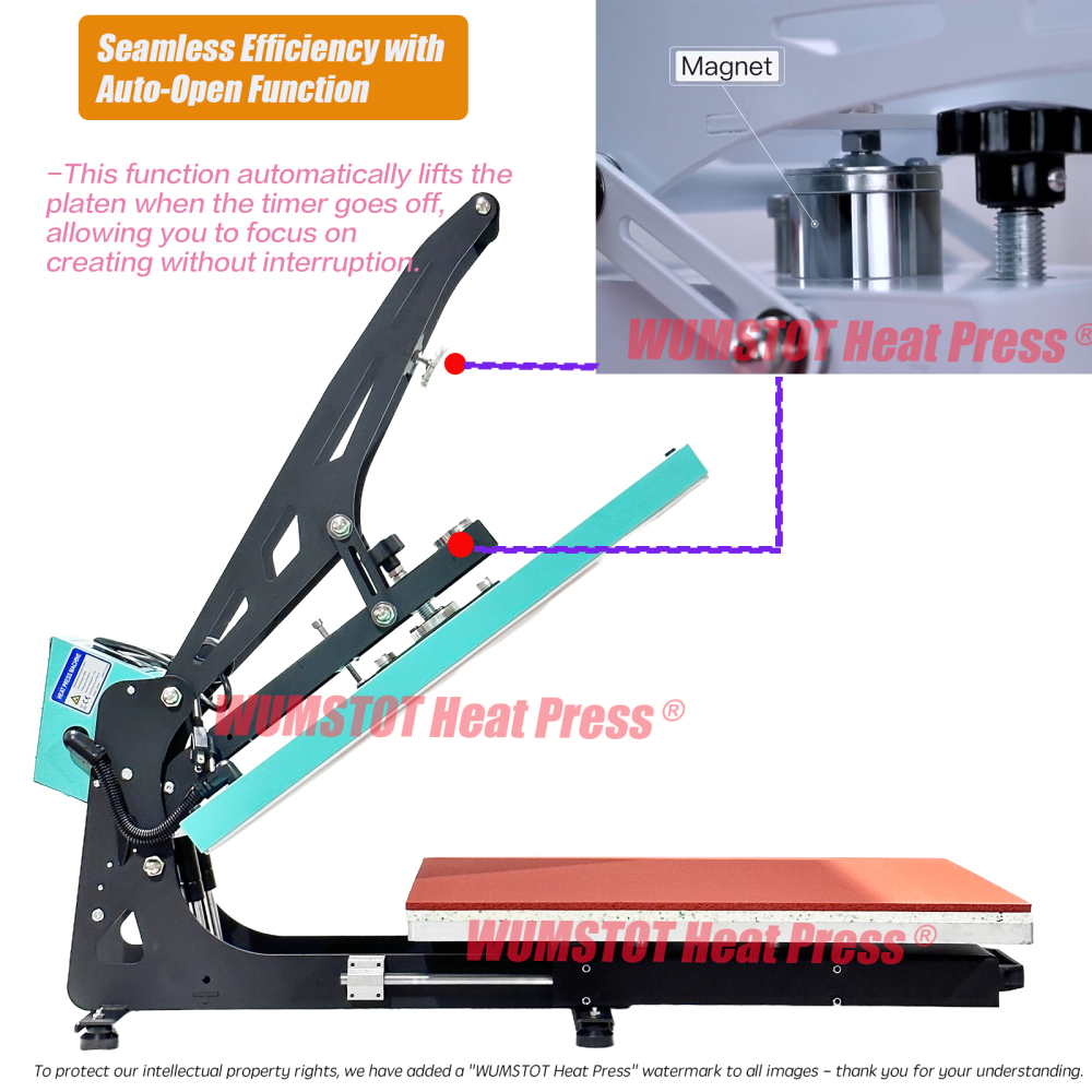 WUMSTOT Heat Press Machine for T-Shirts: 16x24 Auto Open Semi-Automatic DTF Heat Press with Slide-Out Base, Clamshell Design, 110V, 2000W, for Mouse Pad Ceramics, Bags, Cushion and More