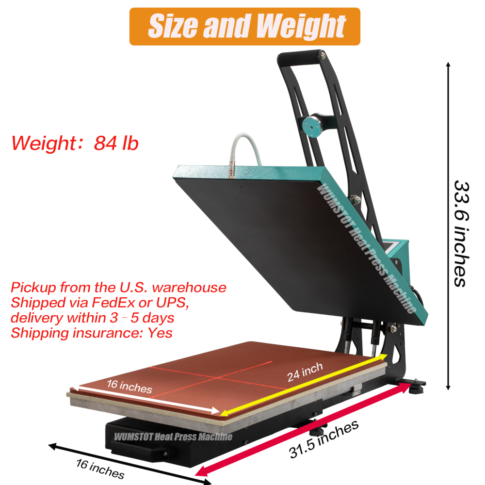 WUMSTOT Heat Press Machine for T-Shirts: 16x24 Auto Open Semi-Automatic DTF Heat Press with Slide-Out Base, Clamshell Design, 110V, 2000W, for Mouse Pad Ceramics, Bags, Cushion and More