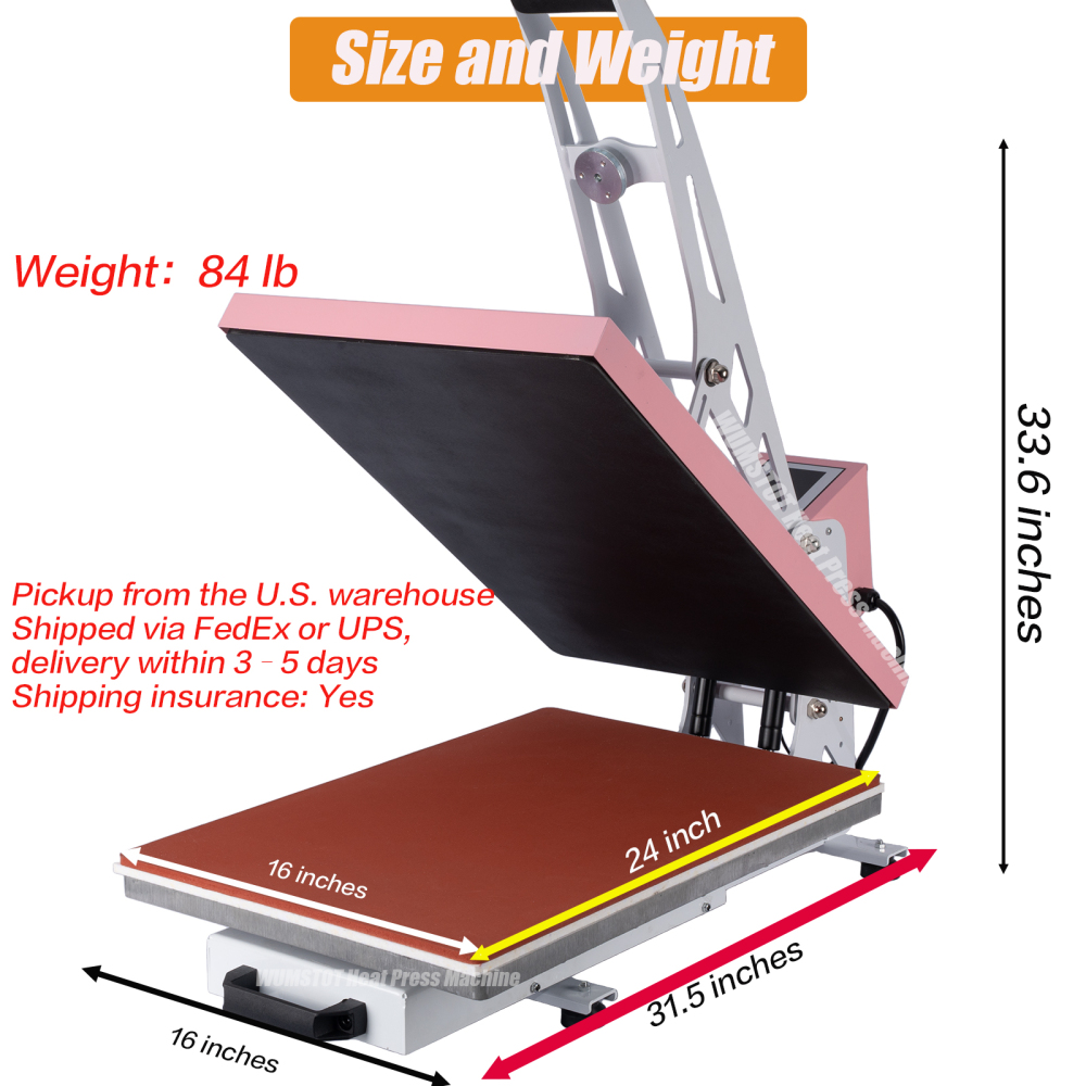 WUMSTOT Heat Press Machine for T-Shirts: 16x24 Auto Open Semi-Automatic DTF Heat Press with Slide-Out Base, Clamshell Design, 110V, 2000W, for Mouse Pad Ceramics, Bags, Cushion and More