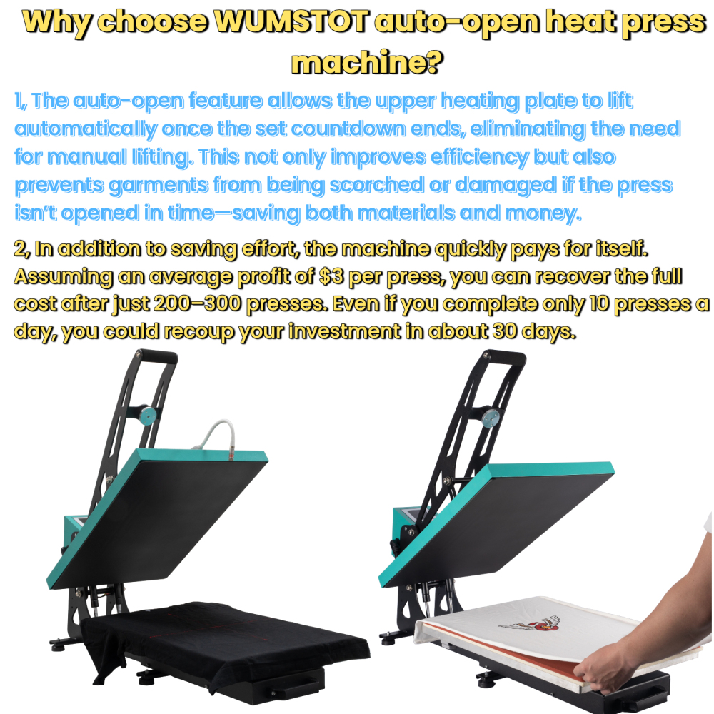 WUMSTOT Heat Press Machine for T-Shirts: 16x24 Auto Open Semi-Automatic DTF Heat Press with Slide-Out Base, Clamshell Design, 110V, 2000W, for Mouse Pad Ceramics, Bags, Cushion and More