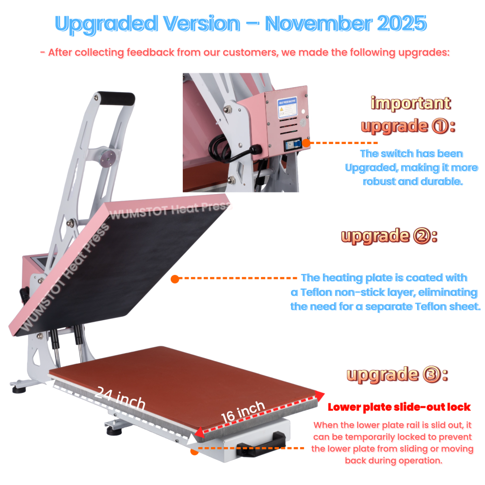 WUMSTOT Heat Press Machine for T-Shirts: 16x24 Auto Open Semi-Automatic DTF Heat Press with Slide-Out Base, Clamshell Design, 110V, 2000W, for Mouse Pad Ceramics, Bags, Cushion and More