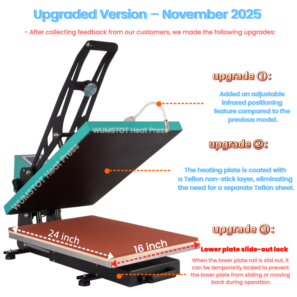 WUMSTOT Heat Press Machine for T-Shirts: 16x24 Auto Open Semi-Automatic DTF Heat Press with Slide-Out Base, Clamshell Design, 110V, 2000W, for Mouse Pad Ceramics, Bags, Cushion and More
