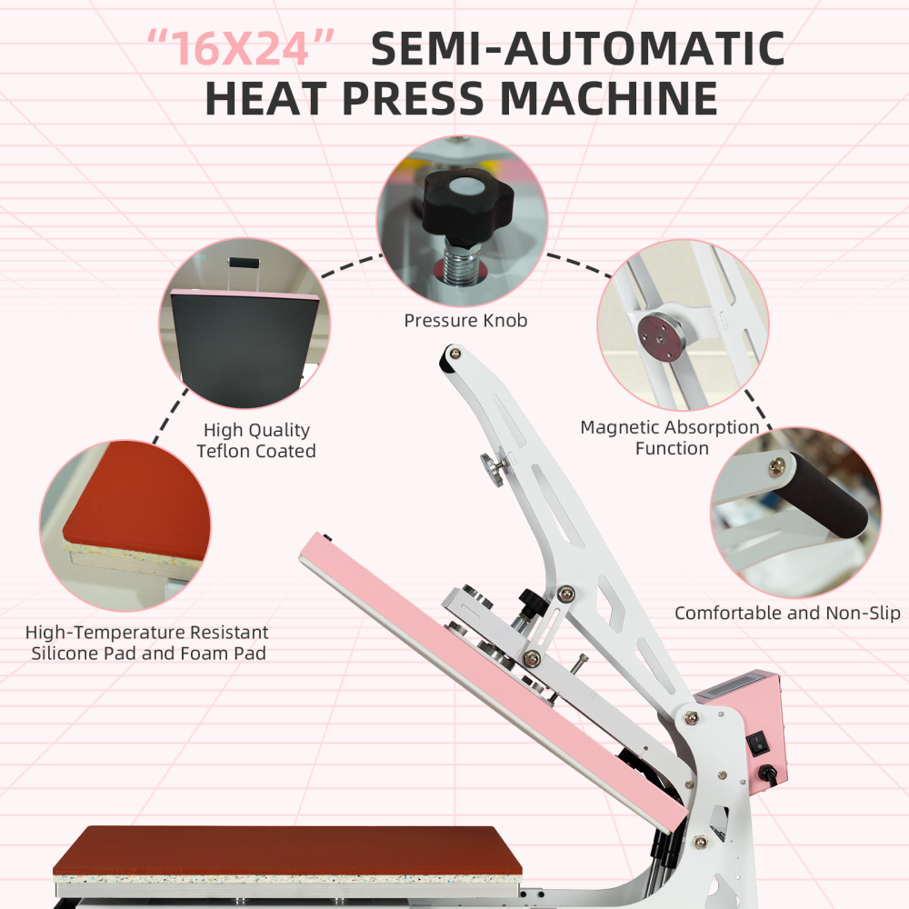 WUMSTOT Heat Press Machine for T-Shirts: 16x24 Auto Open Semi-Automatic DTF Heat Press with Slide-Out Base, Clamshell Design, 110V, 2000W, for Mouse Pad Ceramics, Bags, Cushion and More