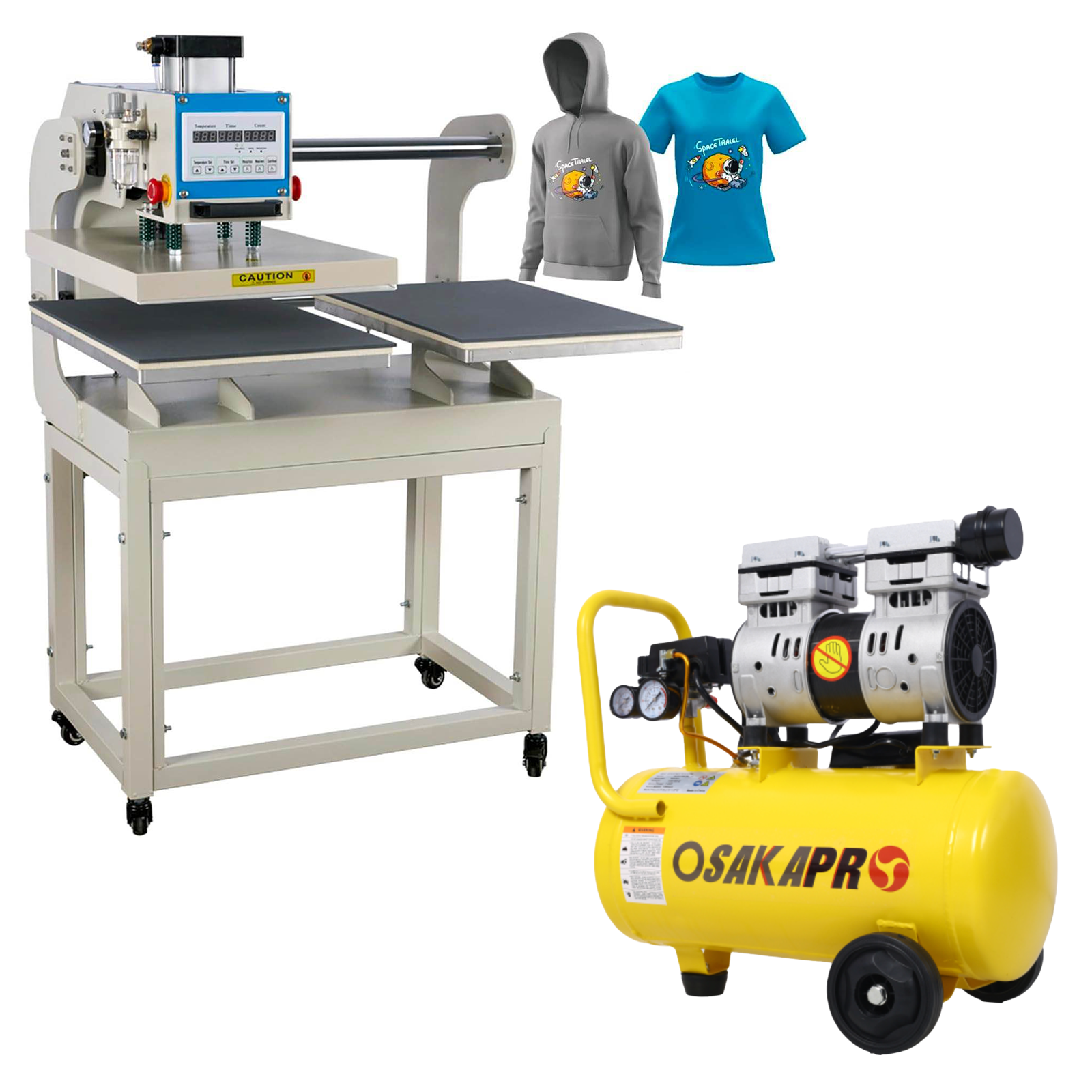WUMSTOT 16x24 pneumatic dual Heat Press Machine（No Infrared Positioning) and 8 Gallon Air Compressor