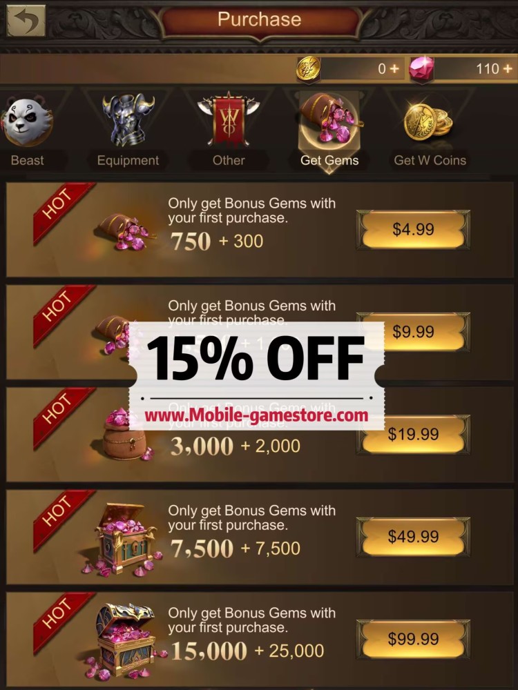 Top up War and Order gems
