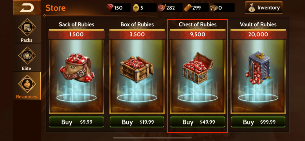 The rubies in the game store of the mobile game War Dragon.