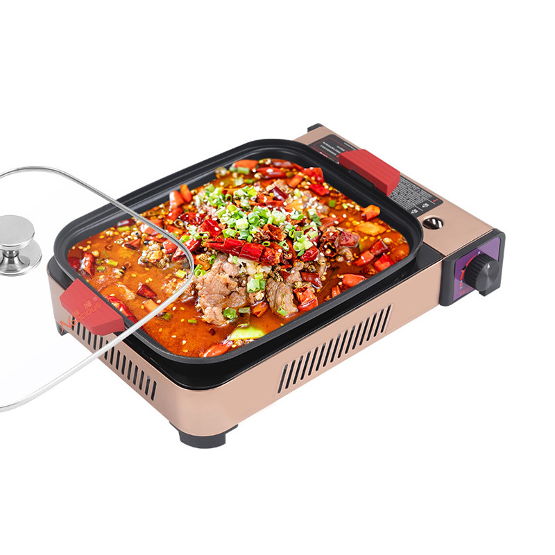 Multifunctional Aluminum Outdoor 2-In-1 Camping Barbecue Gas Stove Frying and Baking Dual Purpose With Grill Pan