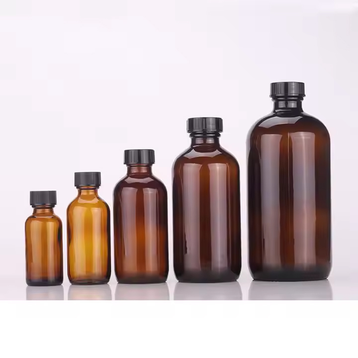 Amber Boston Glass Bottle For Cosmetics Packaging