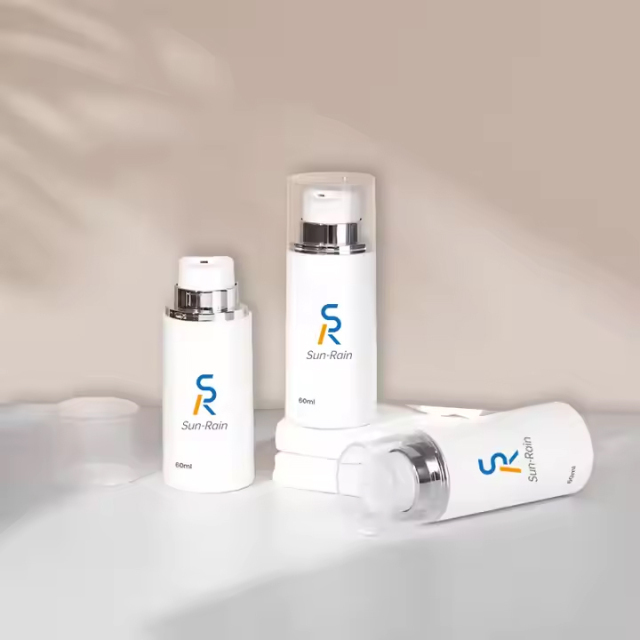 All white plastic airless cream packaging bottle with silver head pump