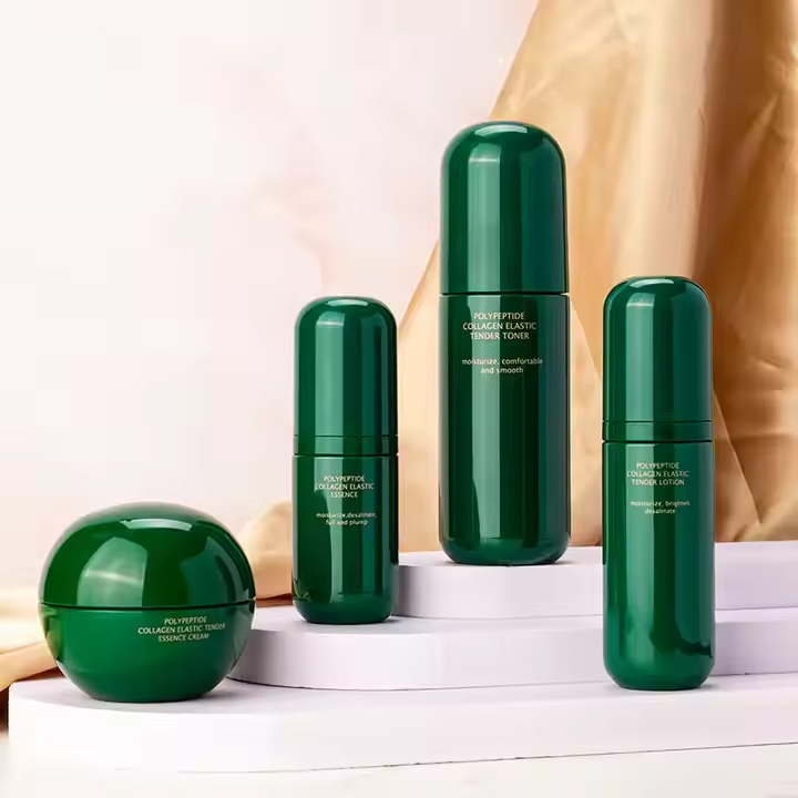 luxury green cosmetic PET plastic toner bottle and cream jar