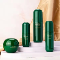 luxury green cosmetic PET plastic toner bottle and cream jar