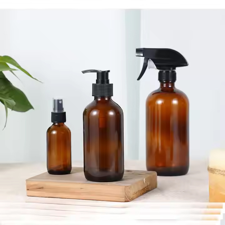 Amber Boston Glass Bottle For Cosmetics Packaging