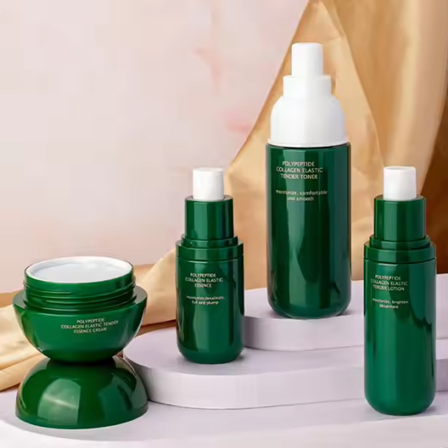 luxury green cosmetic PET plastic toner bottle and cream jar