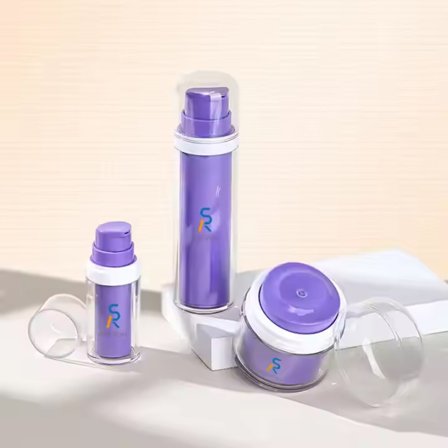 Purple replaceable airless bottle and cream jar set