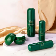 luxury green cosmetic PET plastic toner bottle and cream jar