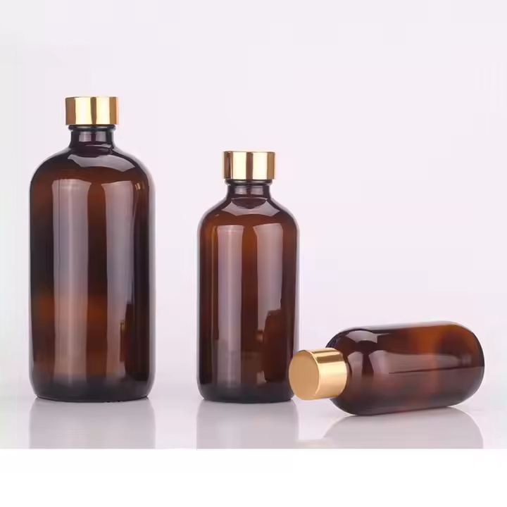 Amber Boston Glass Bottle For Cosmetics Packaging