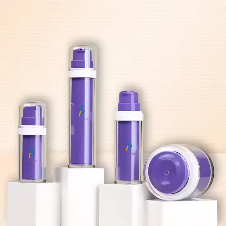 Purple replaceable airless bottle and cream jar set