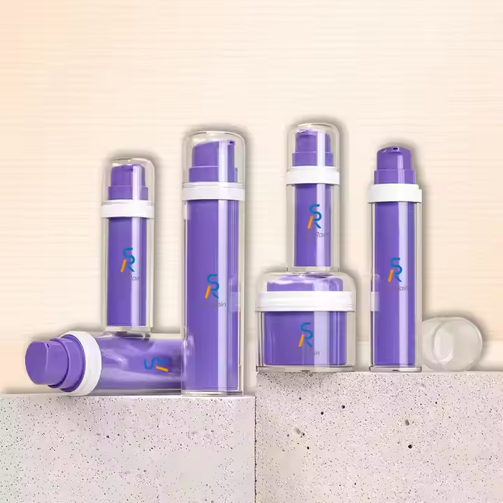 Purple replaceable airless bottle and cream jar set
