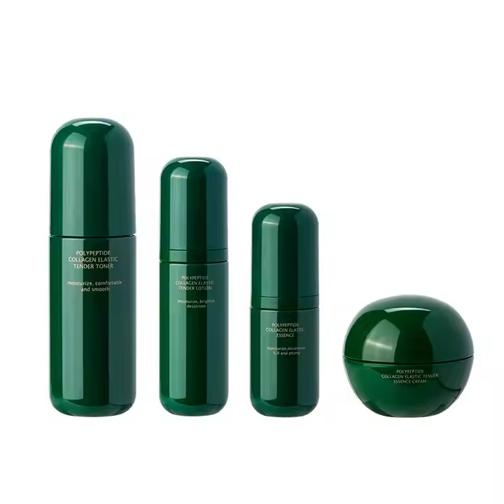 luxury green cosmetic PET plastic toner bottle and cream jar