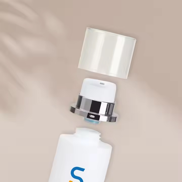 All white plastic airless cream packaging bottle with silver head pump