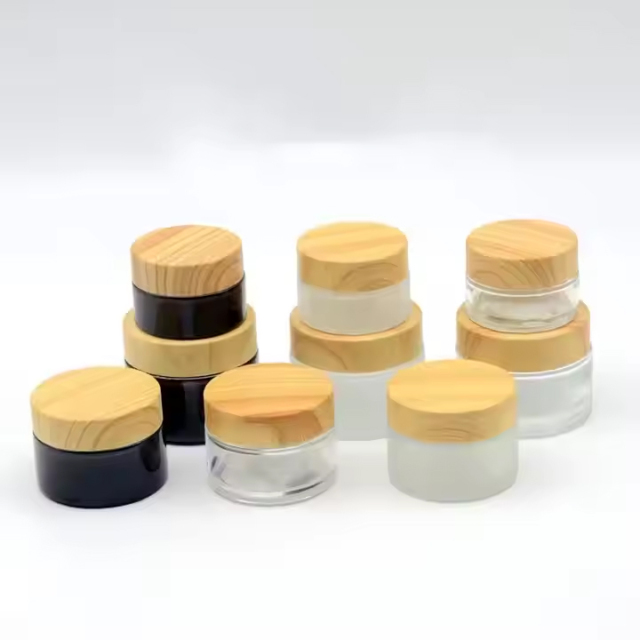 frosted glass cosmetic jar with wooden grain lid