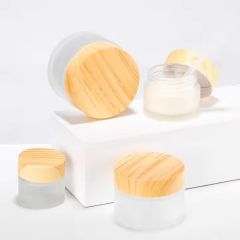 frosted glass cosmetic jar with wooden grain lid