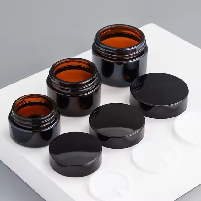 Face Cream Cosmetic Amber Glass Jar with Black Lid