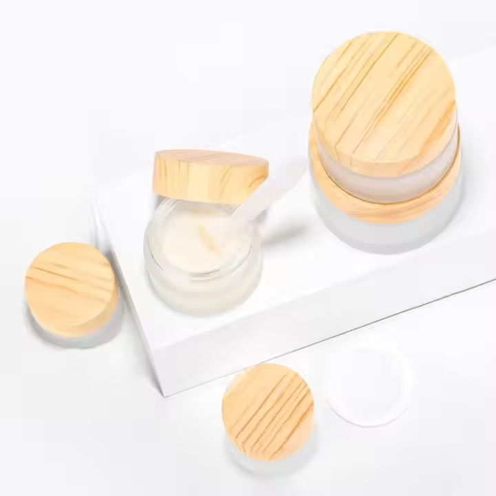 frosted glass cosmetic jar with wooden grain lid