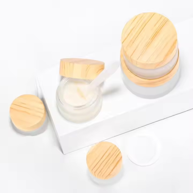frosted glass cosmetic jar with wooden grain lid