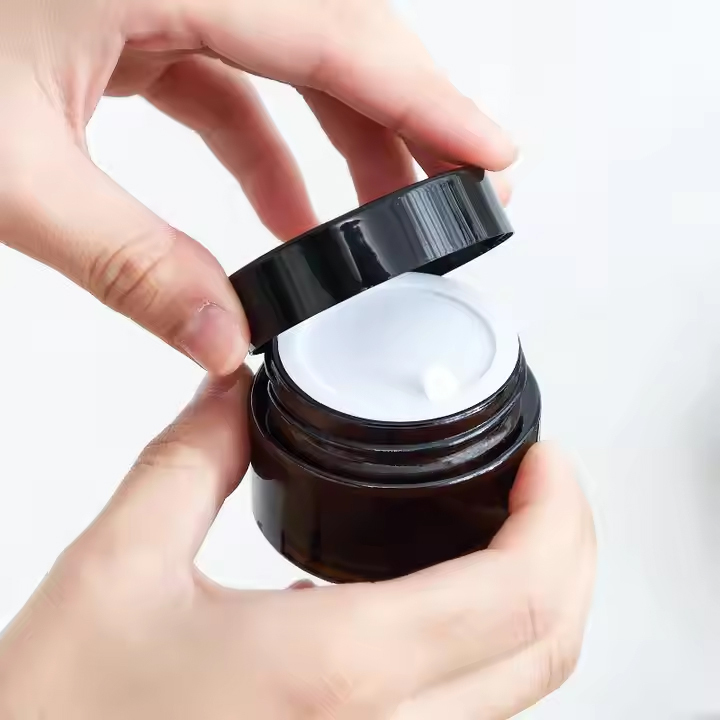 Face Cream Cosmetic Amber Glass Jar with Black Lid