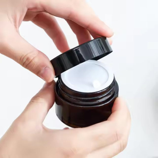 Face Cream Cosmetic Amber Glass Jar with Black Lid