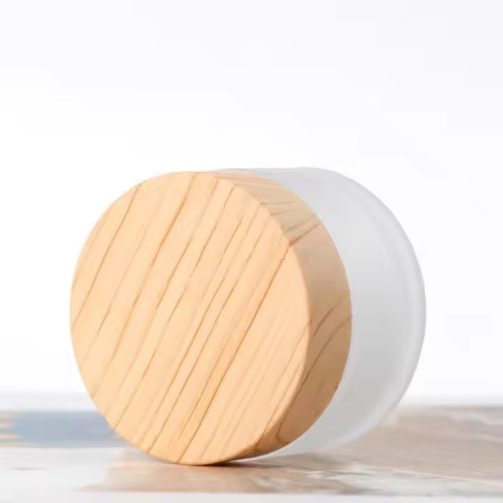 frosted glass cosmetic jar with wooden grain lid