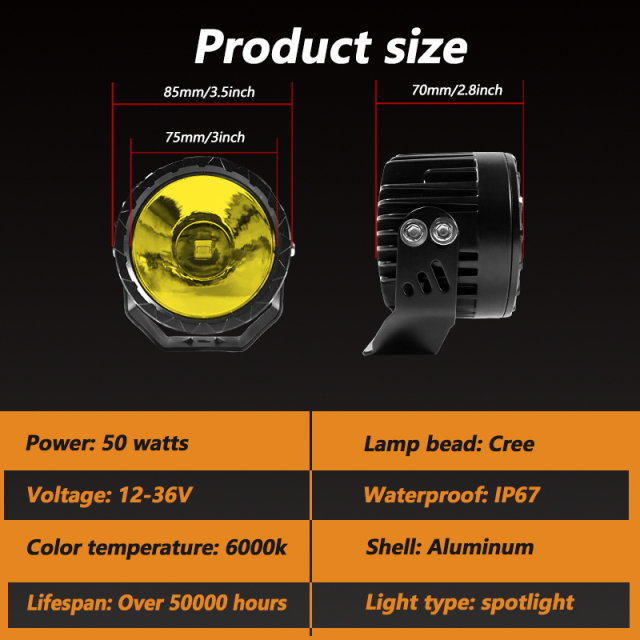 JOPOWER 50W 3.5 Inch Yellow Fog Driving Light for SUV Trucks ATV UTV